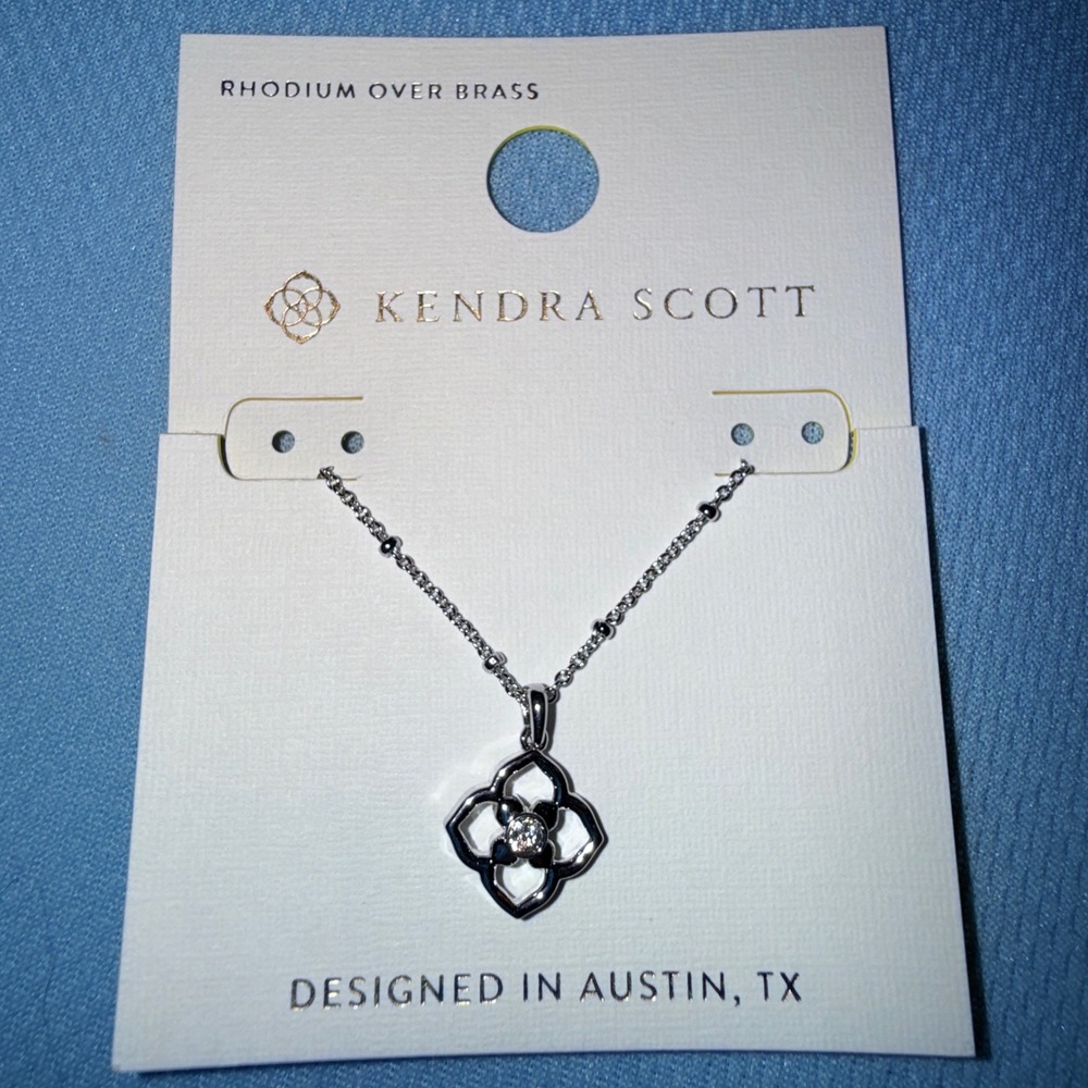Kendra Scott Iris Pendant Necklace NEW Rhodium White CZ Floral Silver